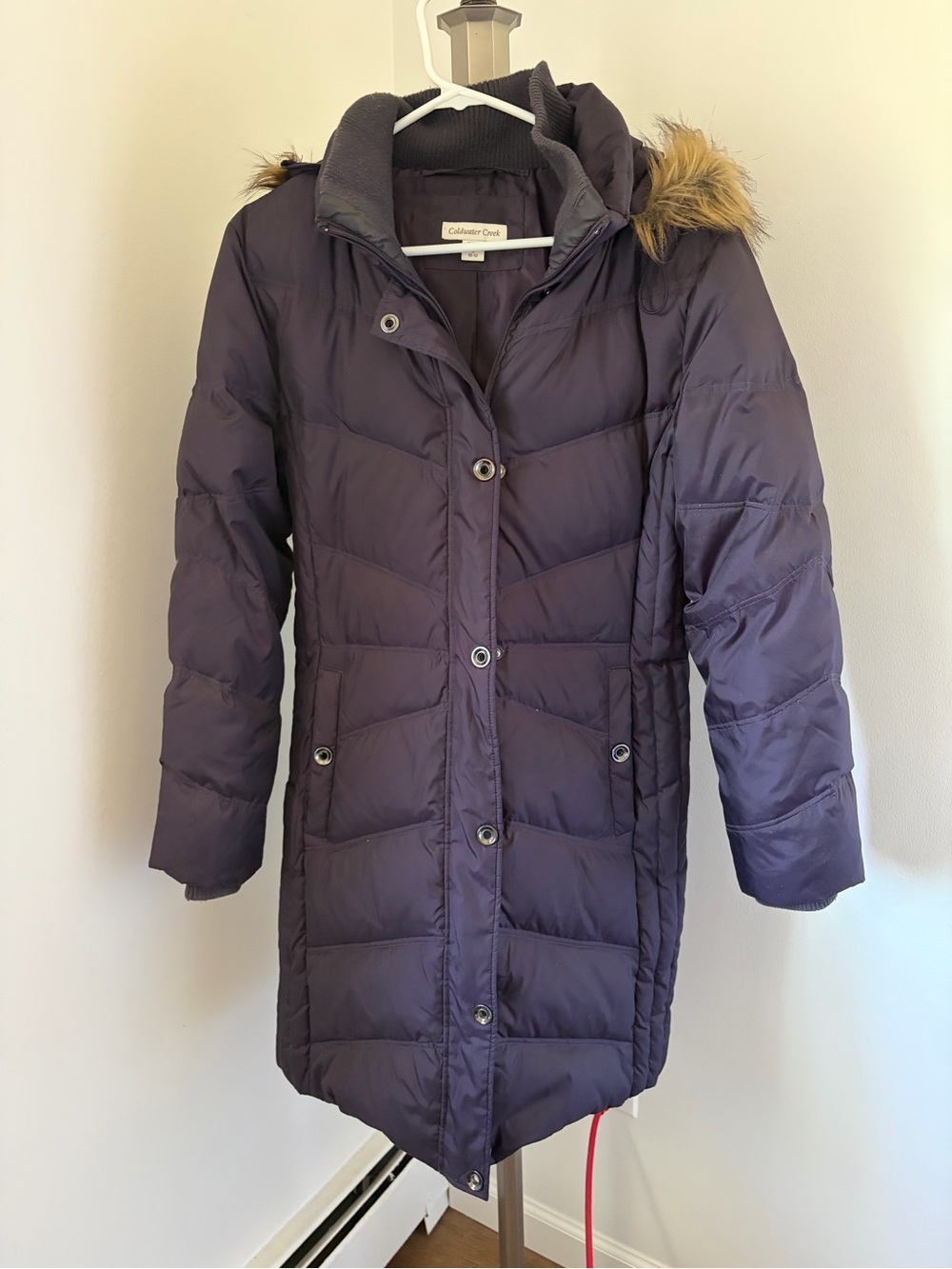 Coldwater Creek Women's Deep Purple Quilted Puffer Coat with Faux Fur Trim